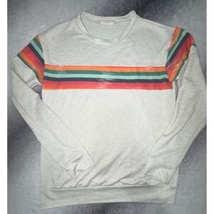 12PM by Mon Ami Womens Small Gray Retro Stripe Distressed Pullover Sweatshirt